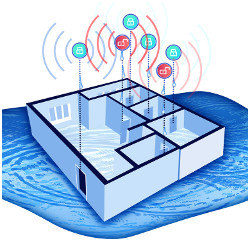 locked and unlocked IoT icons with home floor plan
