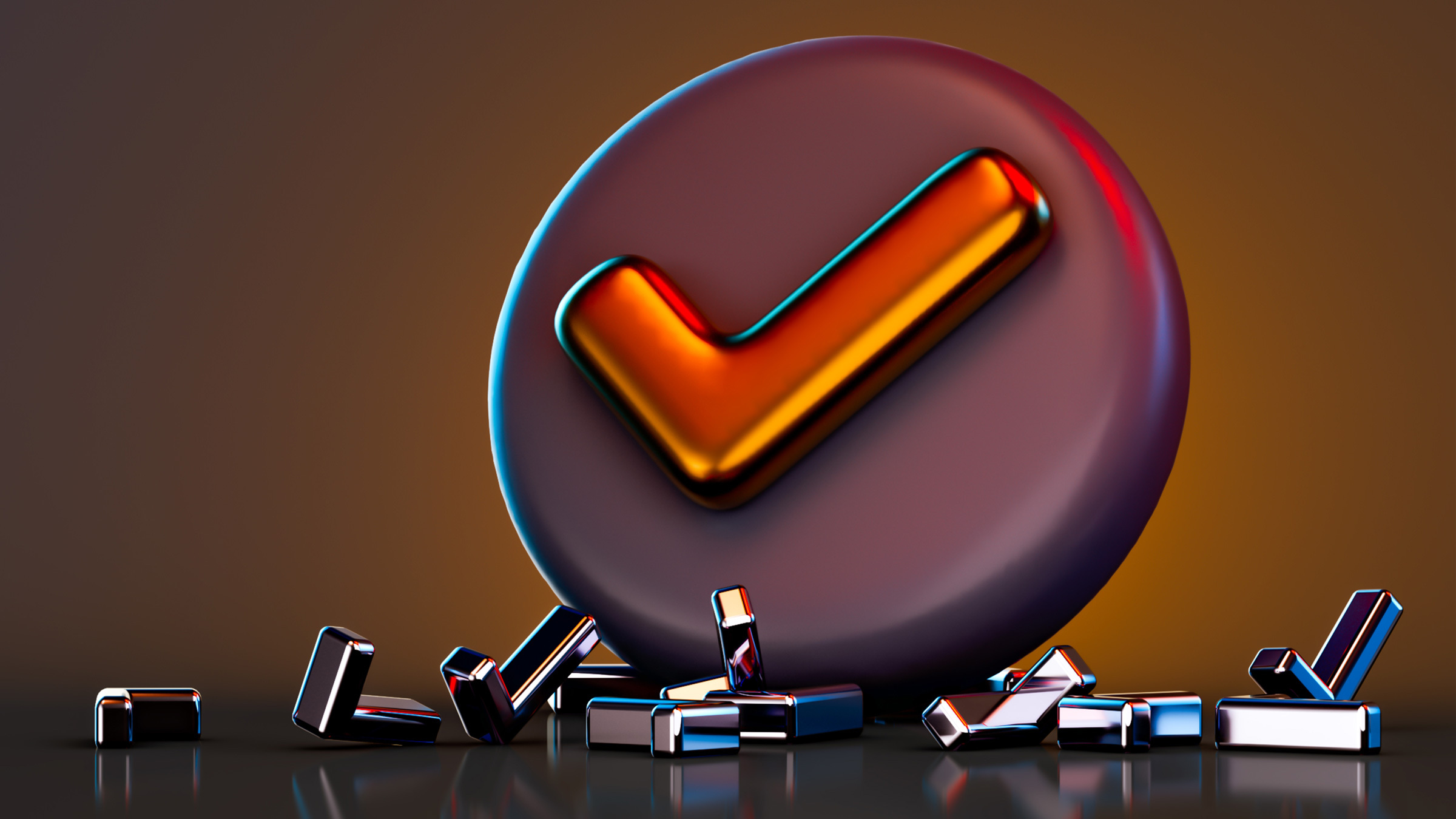 checkmark-labeled token amid pieces of metal, illustration