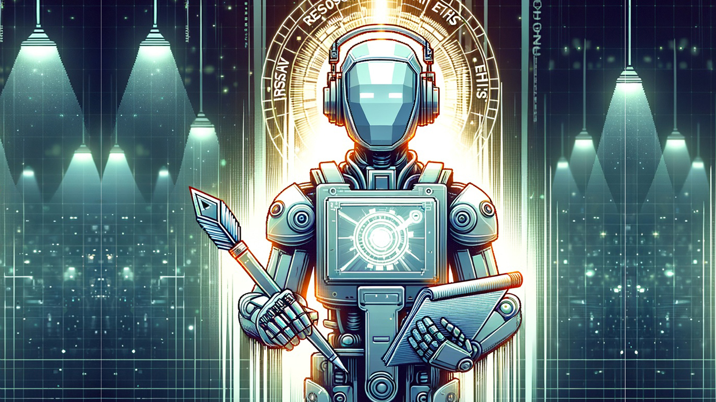 humanoid robot holding a pen and tablet, illustration