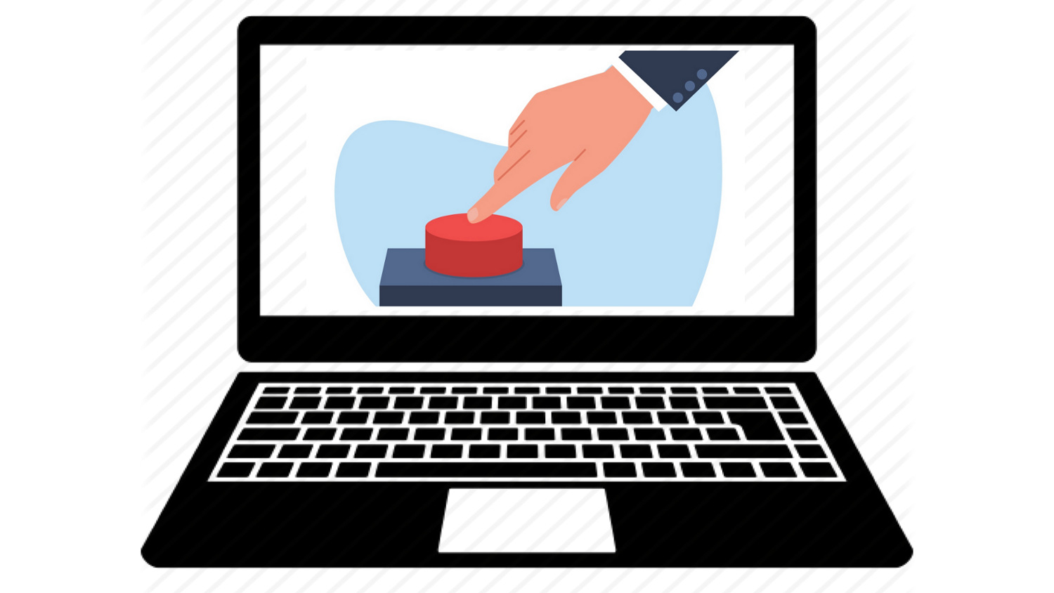 laptop displays hand pressing red button, illustration
