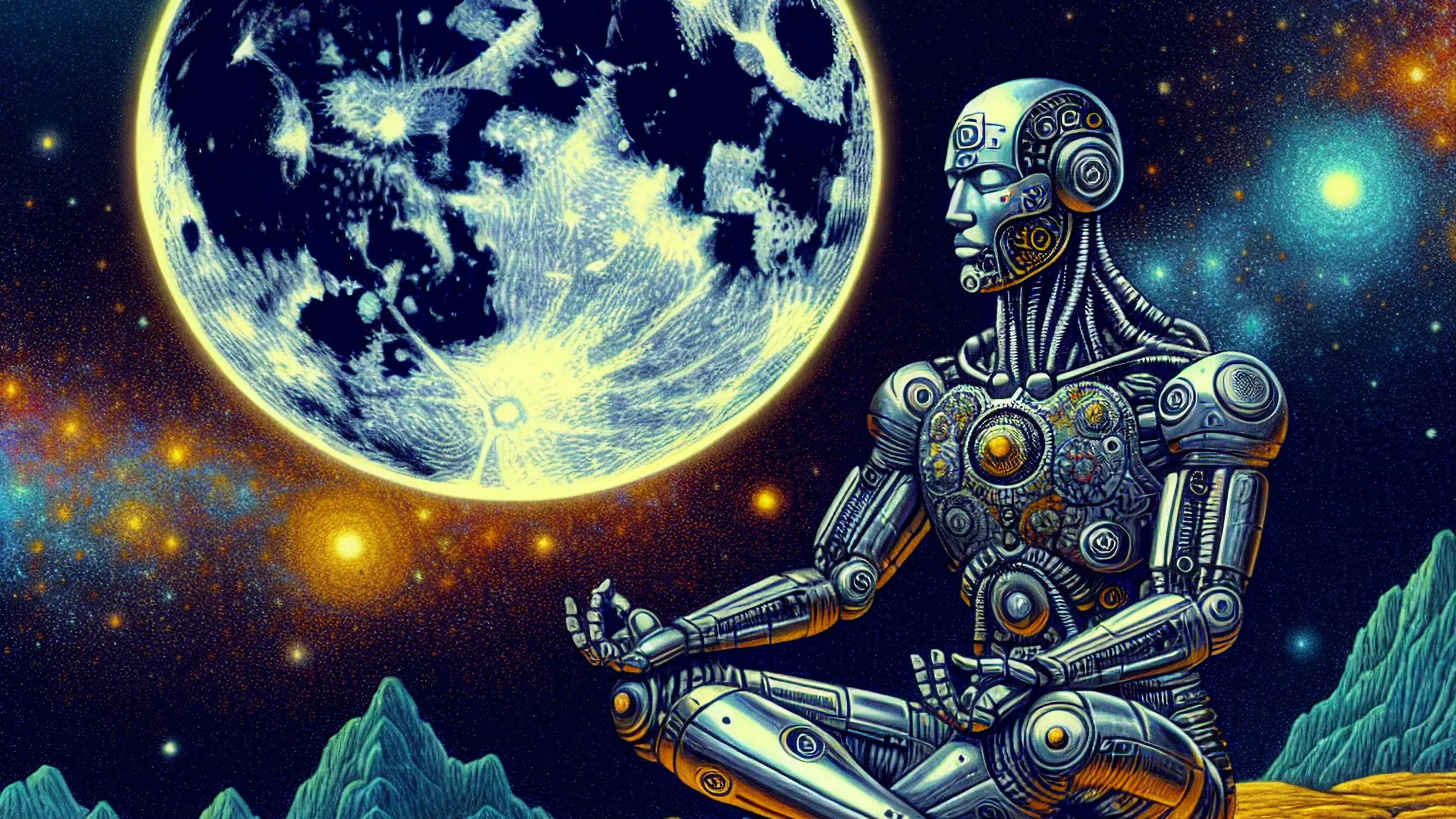 robot meditating outside at night under a planet, illustration