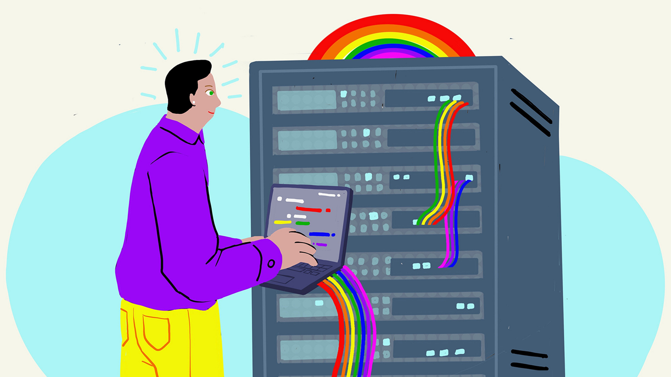 rainbow atop a computer system, and person with laptop and rainbow-colored cabling