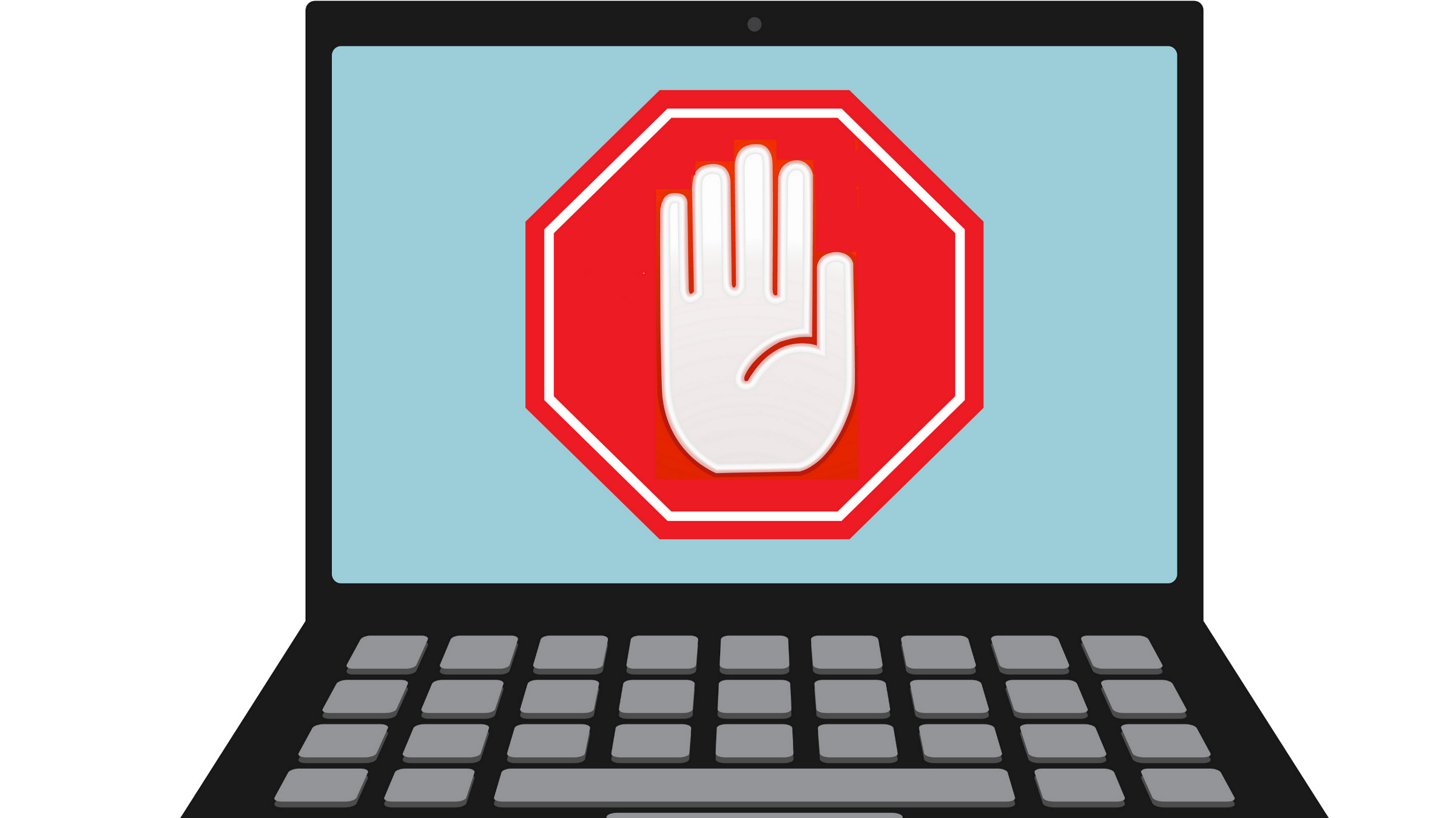 hand in stop sign indicates halt on laptop computer screen