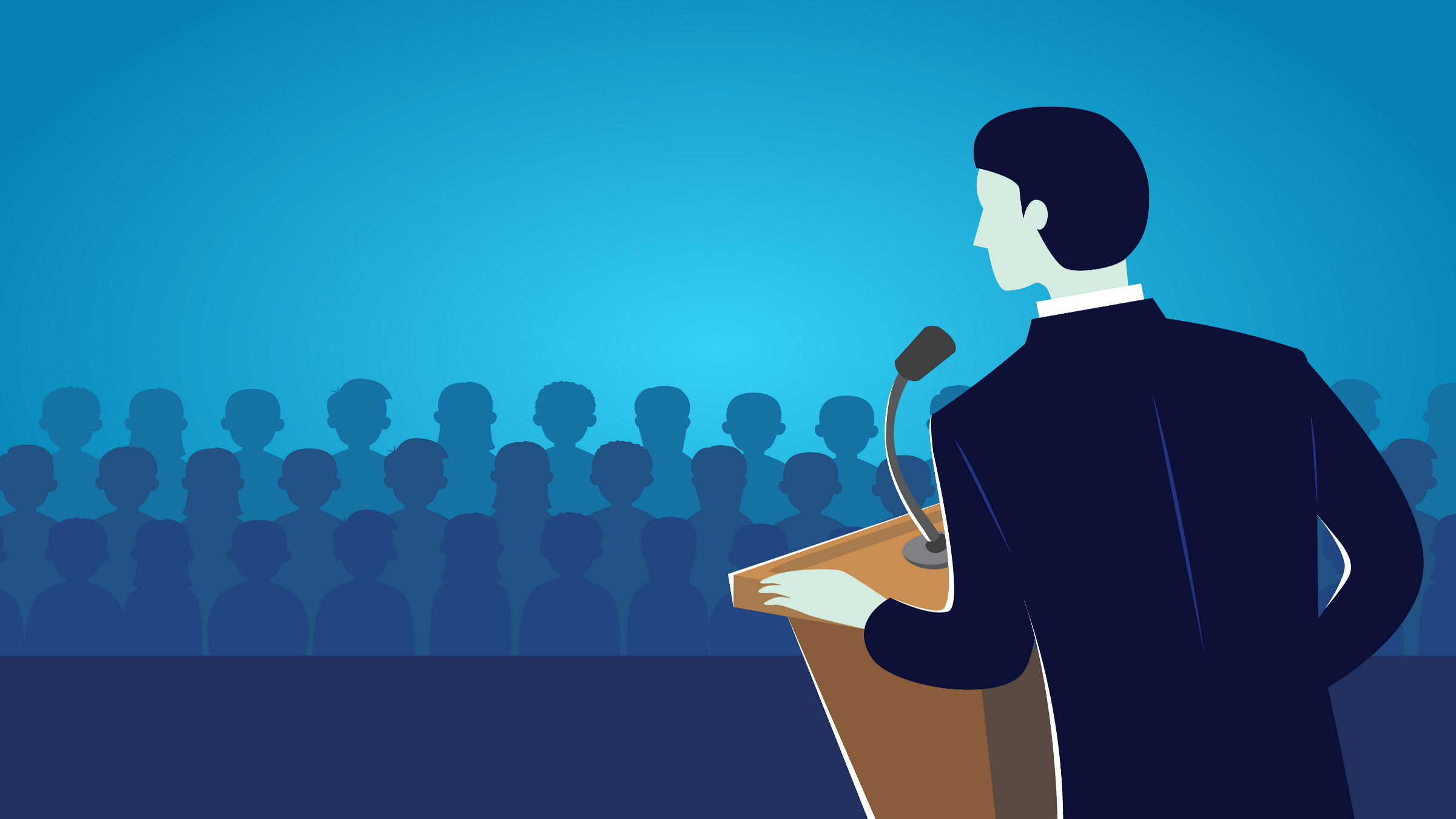 person speaking from a stage, illustration