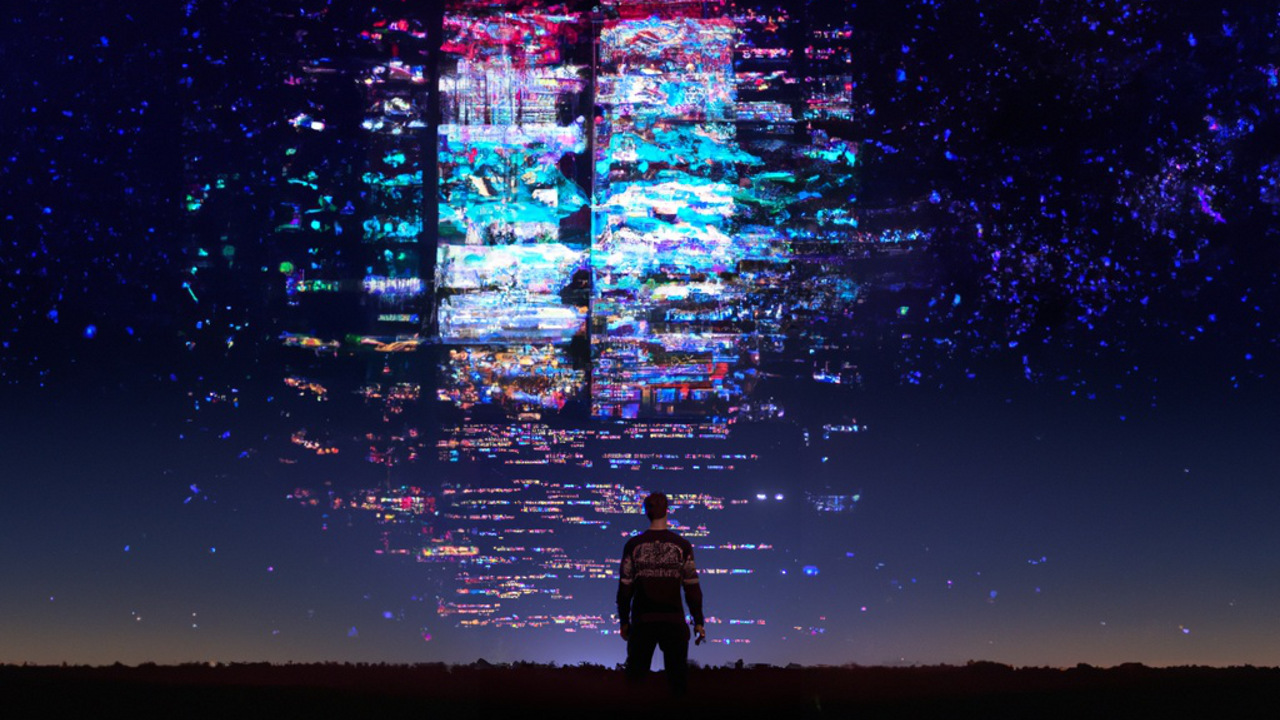 person looking at a night sky full of programming code, illustration