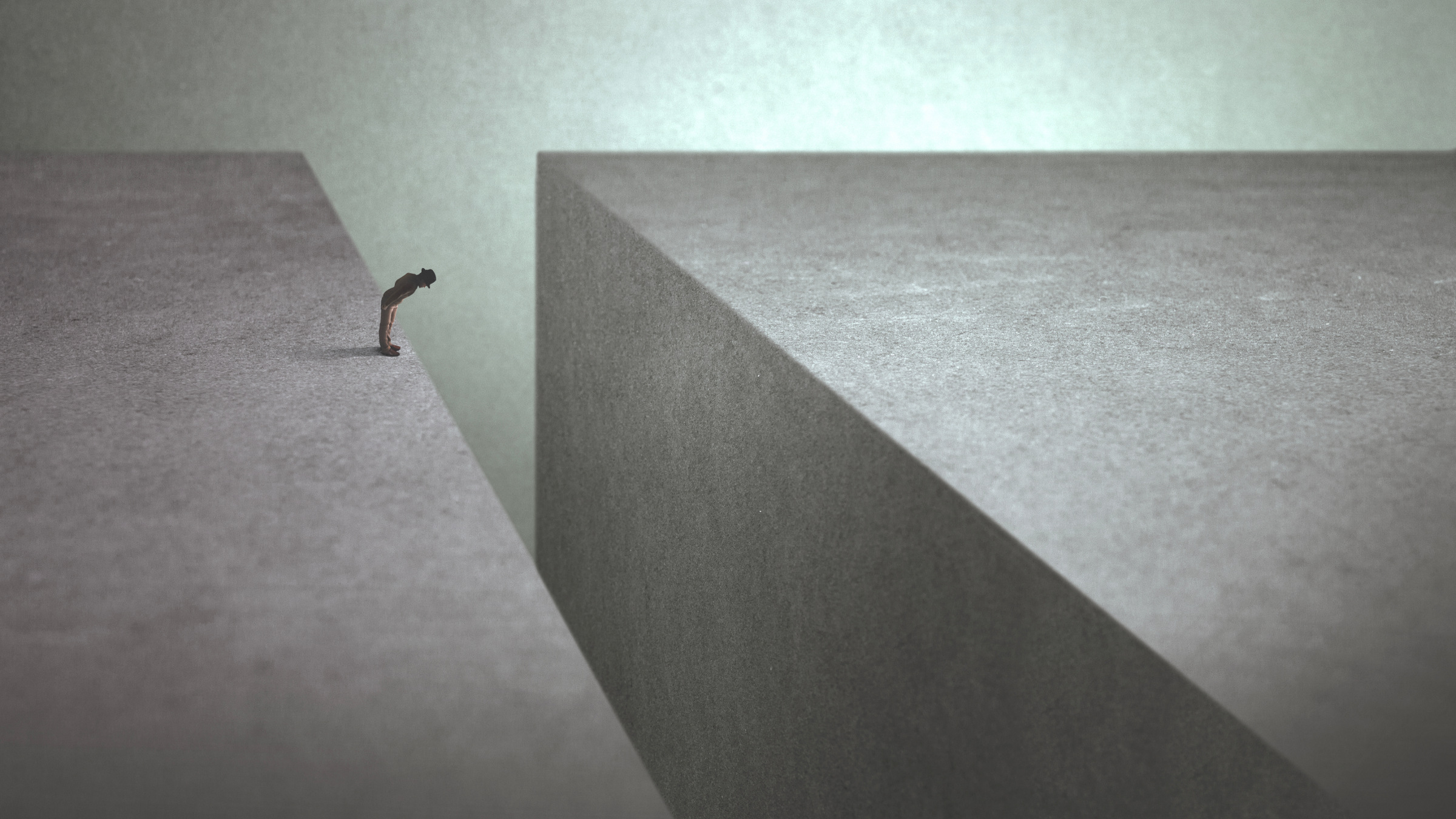 man peers over the edge of a gap, illustration